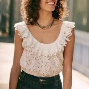 Sézane Rosa Blouse Womens 38 White Floral Eyelet Sleeveless Ruffle Scoop Neck